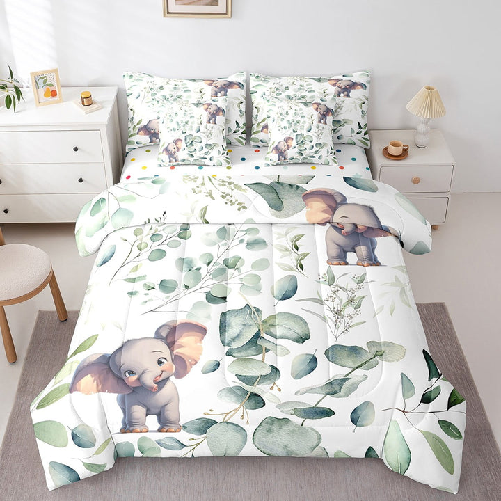 Cartoon Animal Bedding Comforter Sets 7pcs Kawaii Elephant Bed in a Bag, Jungle Wildlife Twin Bedding Sets Woodland Animal Comforter Set, Botanical Green Eucalyptus Bedding Sets