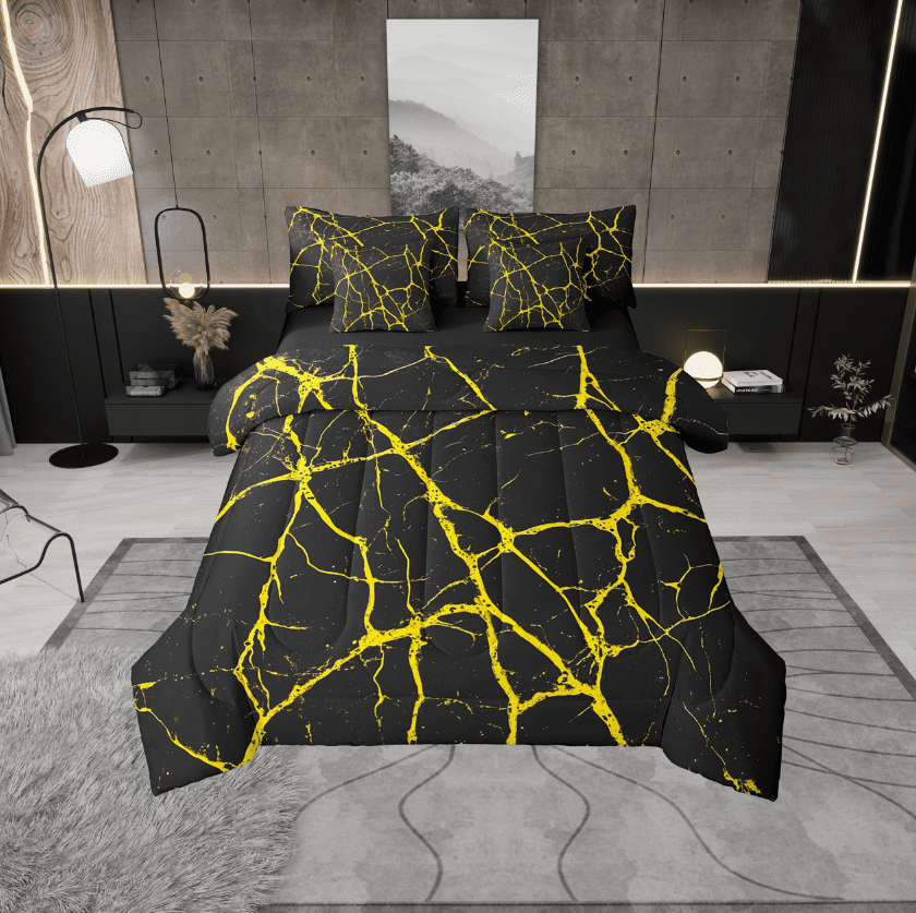 Erosebridal Geometric Stripes Bedding Sets Twin Size,Abstract Lines Comforter Sets with Sheets,Black Golden Bed in a Bag Twin size,Microfiber Male Bedroom Decor,Reversible,7-Piece