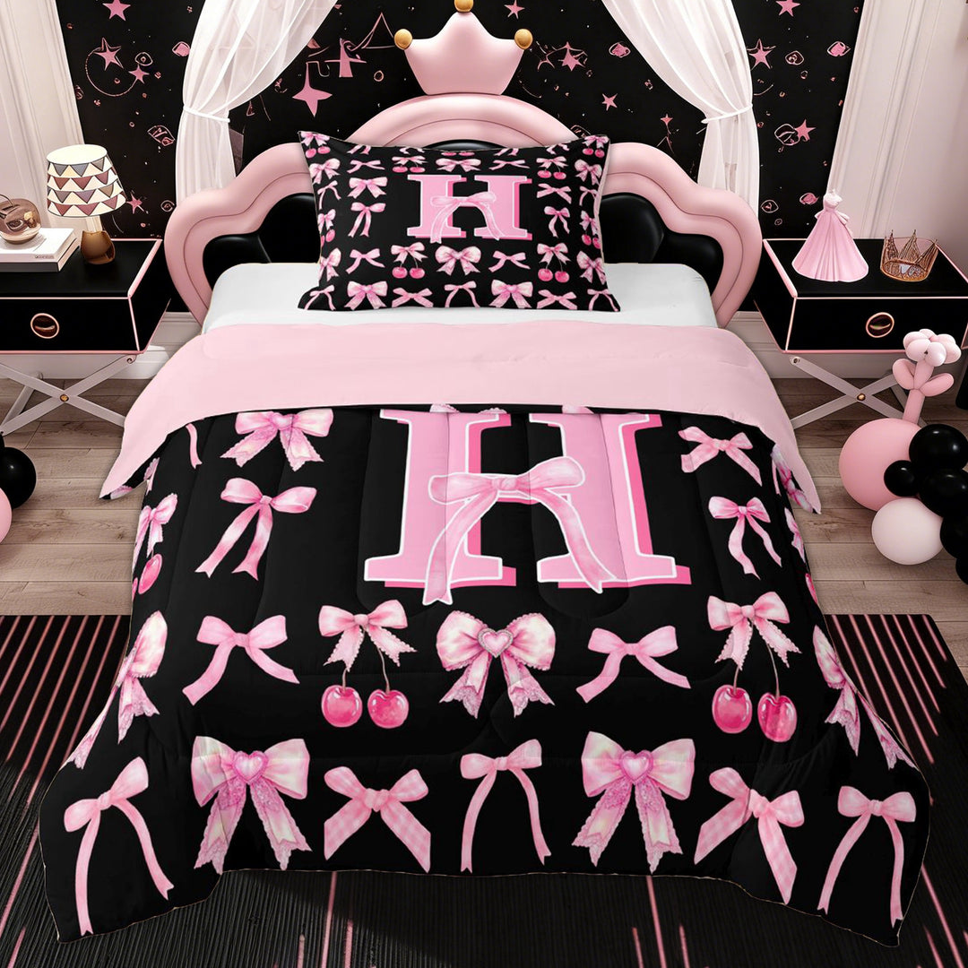 Erosebridal Letter H Twin Comforter Sets for Kids, Princess Bowknot Bedding Set, Pink Reversible, 2pcs