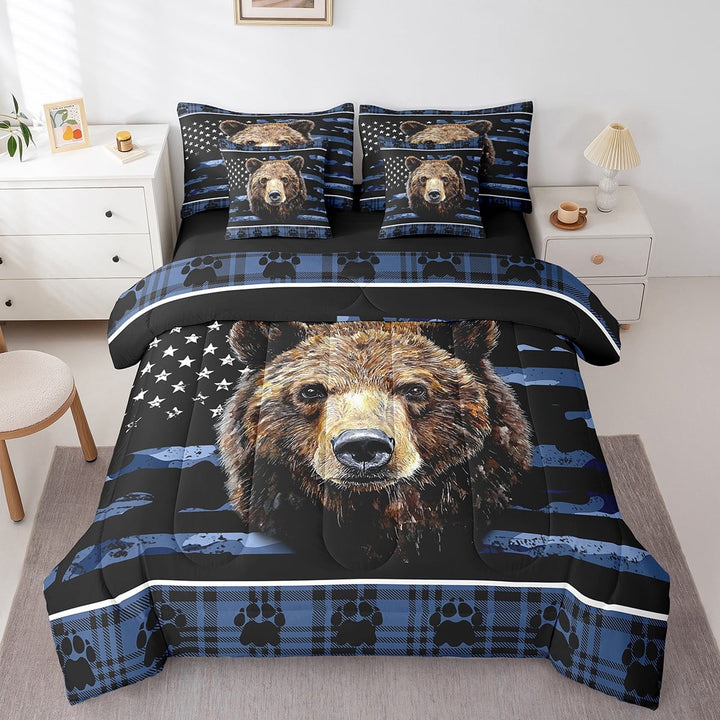 Camo Deer Twin Bedding Set 7 Piece Hunting American Flag Bed In A Bag Sheets Blue Camouflage Buffalo Plaid Comforter Set Men,Rustic Wildlife Paw Bed Set Woodland Animal Room Decor
