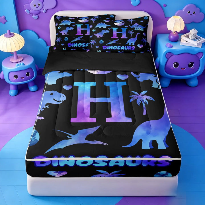 meiyoeat Wild Animal Dinosaur Zipper Twin Comforter Sets with Fitted Sheet and 2 Pillowcases For Boys,Watercolor Initial Letter Zipper Bedding Set,Black Reversible,4-Piece