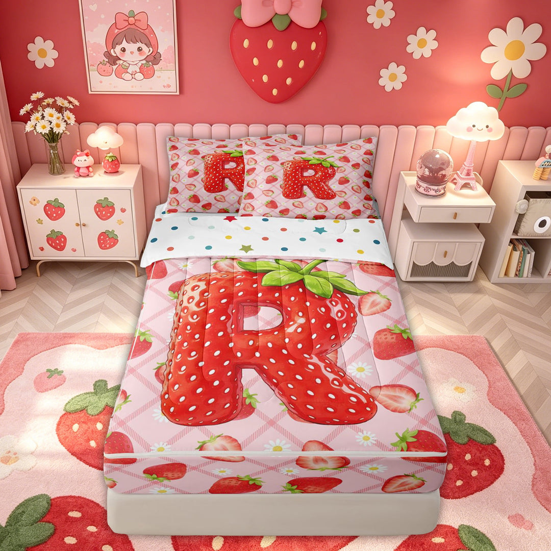 meiyoeat Strawberry Letter R Zipper Full Size Comforter Sets with Fitted Sheet and 2 Pillowcases for Kids, Princess Buffalo Zipper Bedding Set for Bedroom, Pink, Polkadot Reversible, 4 Pieces