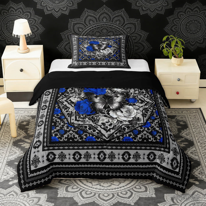 Erosebridal Chic Butterfly Twin Comforter Sets, Bohemian Aztec Mandala Bedding Set, Black Gray Blue, Black Reversible 2-Piece, 1 Comforter and 1 Pillowcase