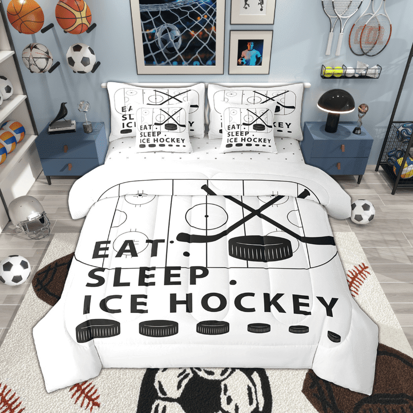 Feelyou Ice Hockey Theme Twin Bedding Sets 7pcs Boys, Teens Sport Bedding Comforter Set, White and Black Sheet Sets, Child Room Decor