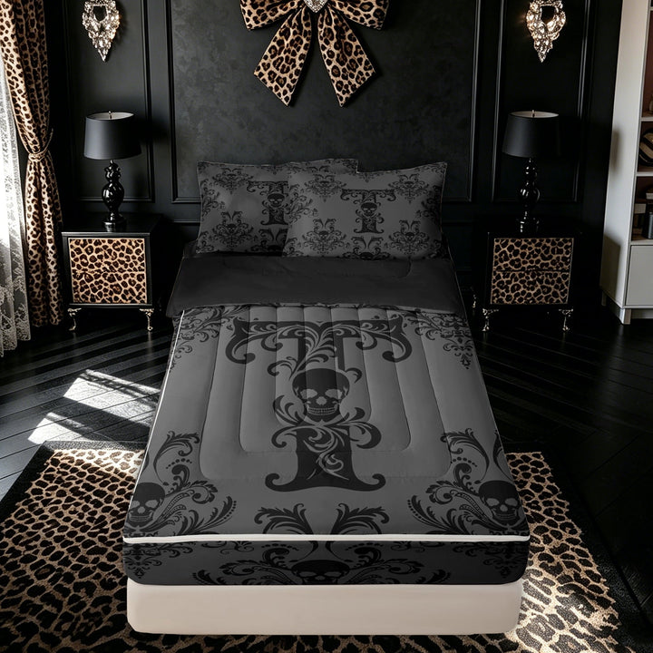 meiyoeat Gothic Skull Letter T Zipper Comforter Set with Fitted Sheet and 2 Pillowcases for Boys Girls, Boho Damask Flower Zipper Bedding Set, Black Reversible, 3pcs