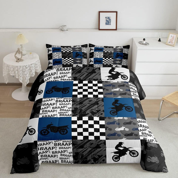 Dirt Bike Comforter Set Full Size Black Grey Blue Motocross Rider Bedding Set Teens Men Bedroom Racing Themed Patchwork Grid Quilt Set Fashion Motorcycle Silhouette Duvet Insert