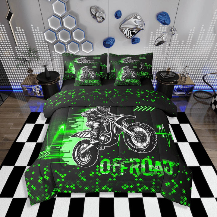 Erosebridal Dirt Bike Bedding Sets Twin Size,Extreme Sports Comforter Sets with Sheets,Checkered Room Decorative,Reversible,Breathable,7-Piece