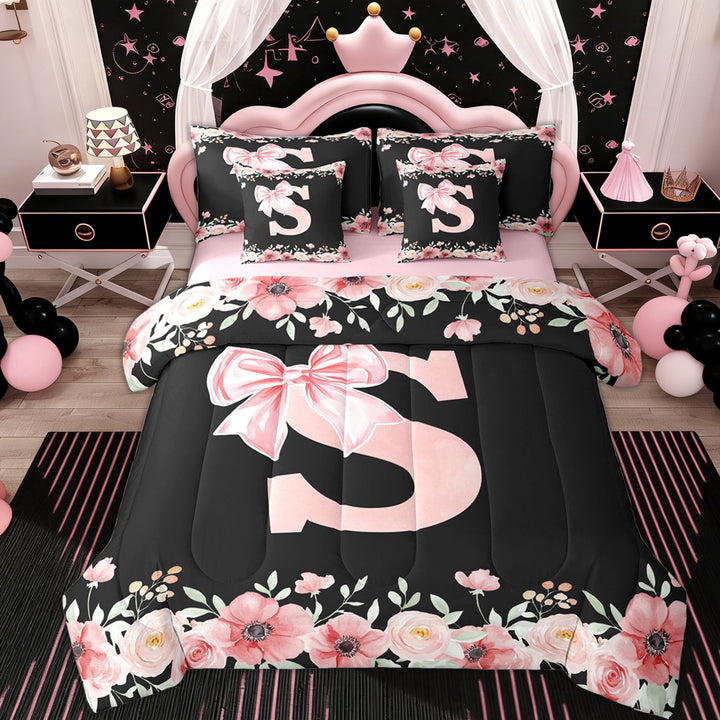 Erosebridal Letter S Twin Bedding Sets 7-Piece for Girl, Cherry Blossoms Bedding Comforter Set, Black Pink