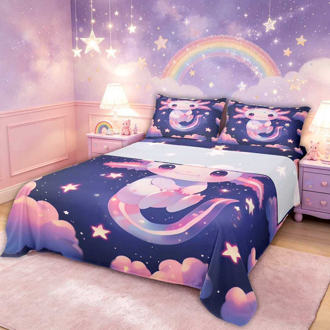 meiyoeat Kawaii Axolotl Bed Sheets for Kids Girls, Galaxy Star Cloud Full Size Sheets for Bedroom, Pink Blue, 4 Pieces