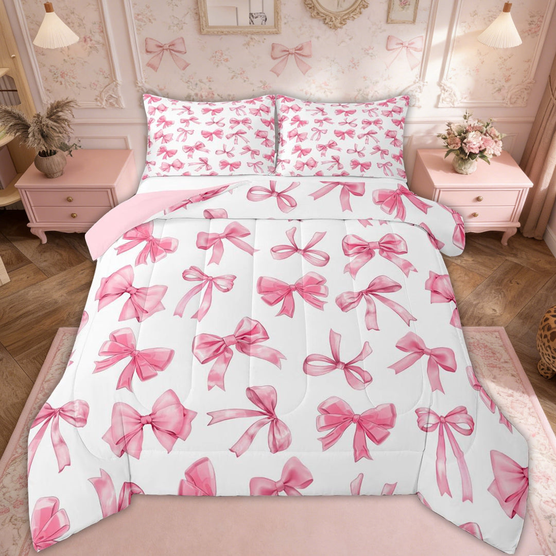 Erosebridal Princess Bowknot Kids Queen Comforter Set, Cute Girl Bow Bedding Comforter Set, Pink, 3-Piece