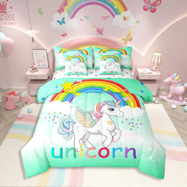 7 Pcs Comforter Set Twin Size,Rainbow Unicorn Bed in a Bag with Flat Sheet and Fitted Sheet Teens Adult,Butterfly Galaxy Ombre Fantasy Bedding Set with Pillowcase and Sham