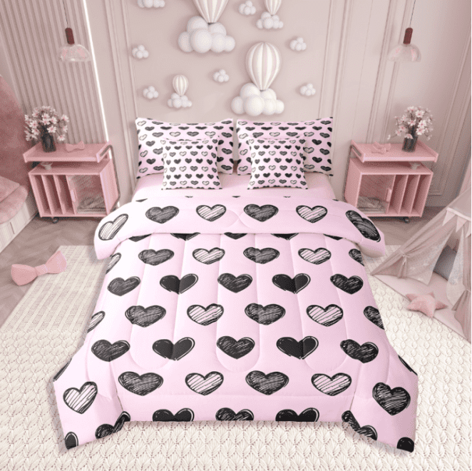 Erosebridal Pink Comforter Set 7 Piece Twin Size,Love Heart Pattern Bed in a Bag Kawaii Room Decor,Romantic Heart Shaped Sheet Set with Comforter,Graffiti Bed Sets