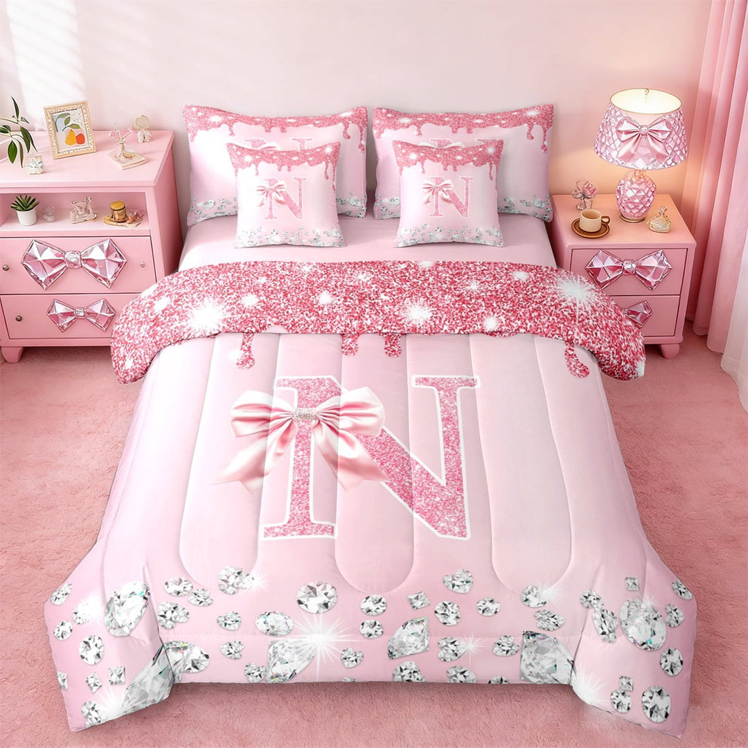 jejeloiu Initial Letter N Twin Bedding Sets 7-Piece,Kawaii Bowknot Bow Bedding Comforter Set,Pink Glitter Print Sheet Sets For Girls,Breathable Bedroom Decoration Reversible