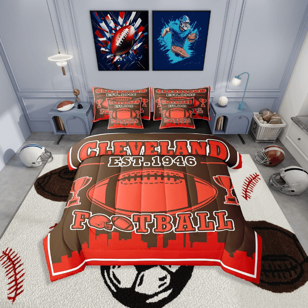 Erosebridal American Football Bedding Sets Twin Size,Sport Theme Comforter Sets with Sheets,Ball Game Decor(Cleveland),Reversible,Lightweight,7-Piece