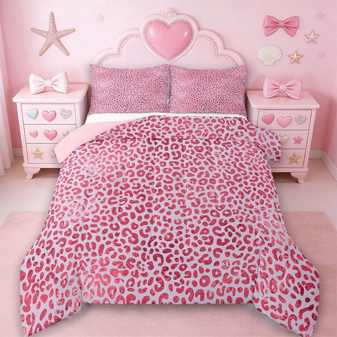Erosebridal Pink Leopard Print Girls Full Size Comforter Sets,Chic Cheetah Pattern Bedding Sets For Women Adults,Reversible Pink,3pcs