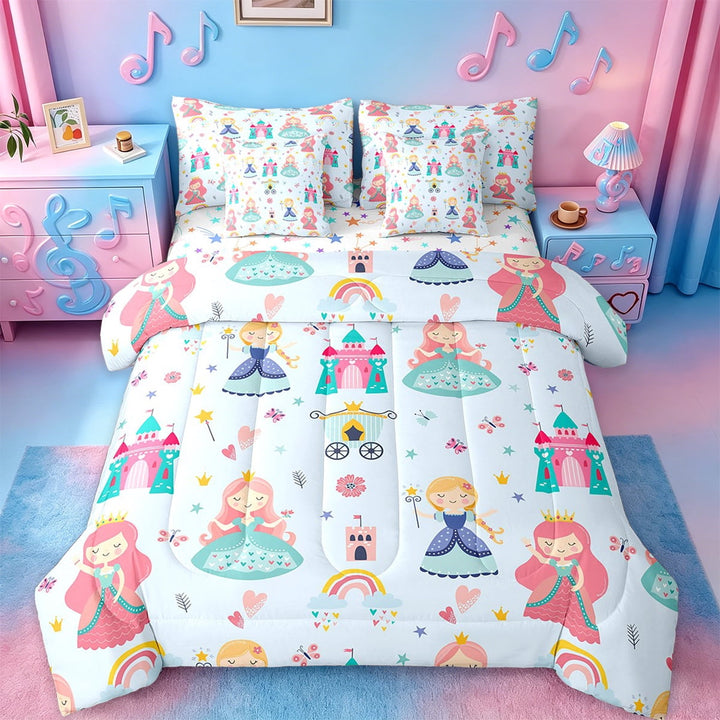 Erosebridal Little Princess Bedding Sets Twin Size,Kawaii Girls Comforter Sets with Sheets,Blue Carriage Caslte Bed in a Bag Twin Size For Girls,Ultra Soft Room Decor Reversible,7-Piece