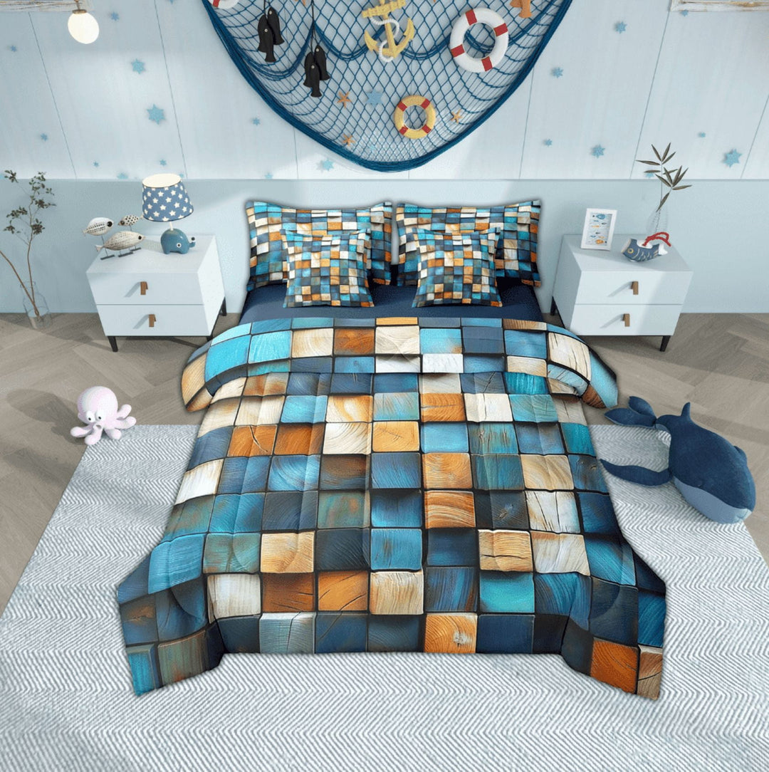 Erosebridal Blue Teal Checkered Plaid Bedding Twin Size, Orange Buffalo Grid Comforter Sets with Sheets, Reversible 7pcs