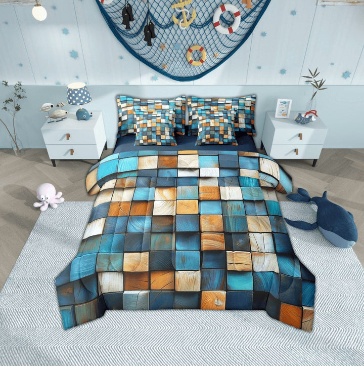 Erosebridal Blue Teal Checkered Plaid Bedding Twin Size, Orange Buffalo Grid Comforter Sets with Sheets, Reversible 7pcs
