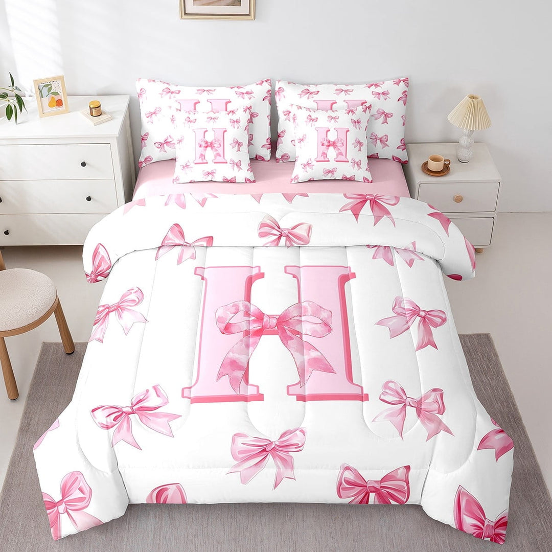 Erosebridal Letter Initial Bedding Sets Twin Size,Kawaii Bowknot Personalized Comforter Sets with Sheets,Monogrammed Decor,Reversible,Breathable,7-Piece