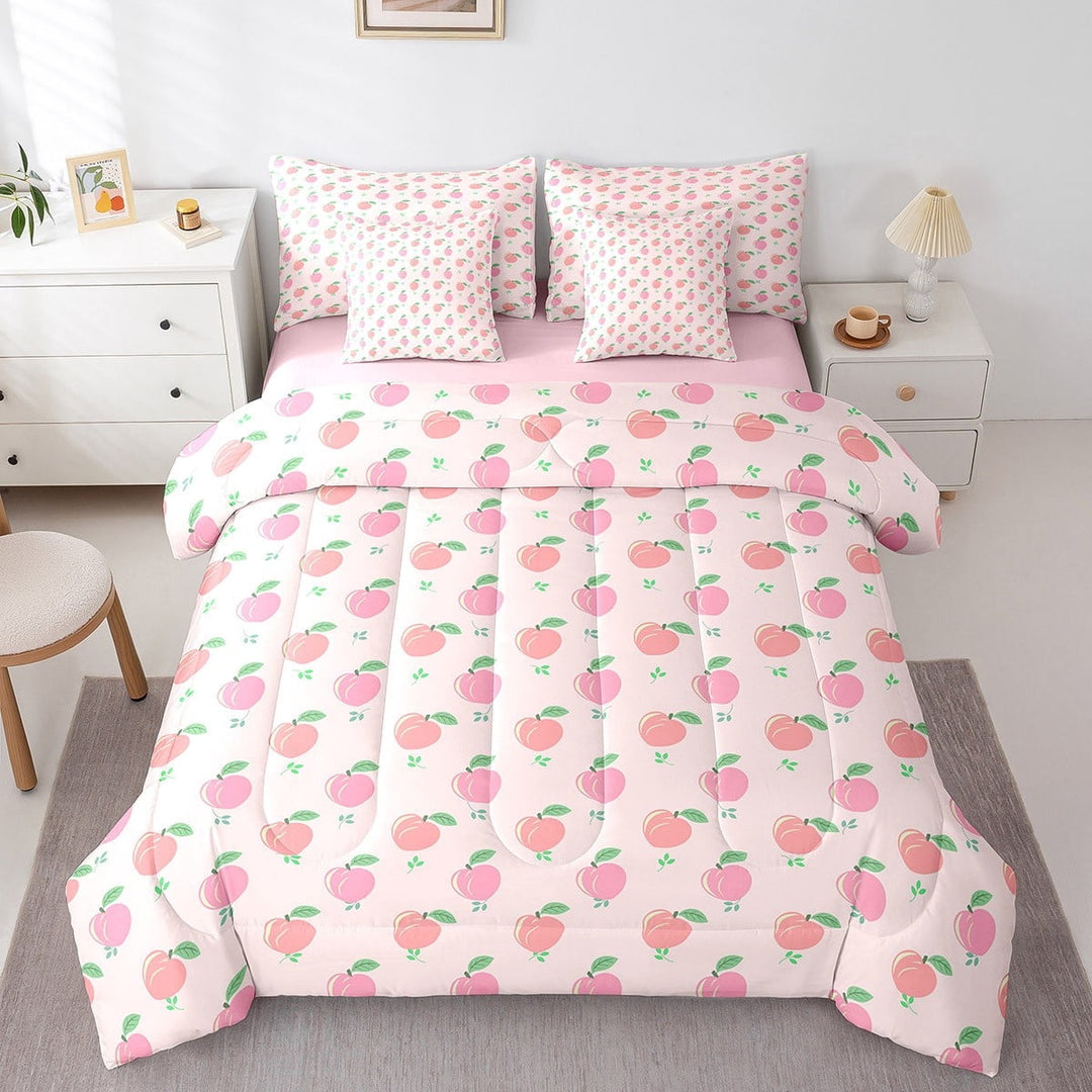 7 Pieces Pink Peach Comforter Set King,Cute Peach Bedding Set,Kawaii Tropical Fruits Bed In A Bag,Dreamy Sweet（Comforter+Fitted+Flat Sheet+2 Pillowcases+2 Throw Pillow Covers)
