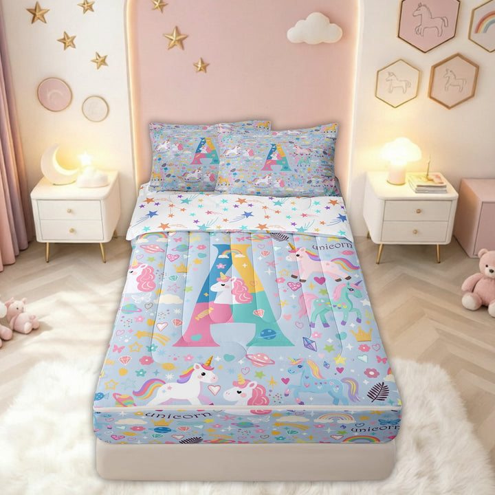 meiyoeat Cute Unicorn Letter A Zipper Comforter Set with Fitted Sheet and 2 Pillowcases for Kids Girls, Cartoon Rainbow Animal Zipper Bedding Set, Blue, Colorful Star Reversible, 3-Piece