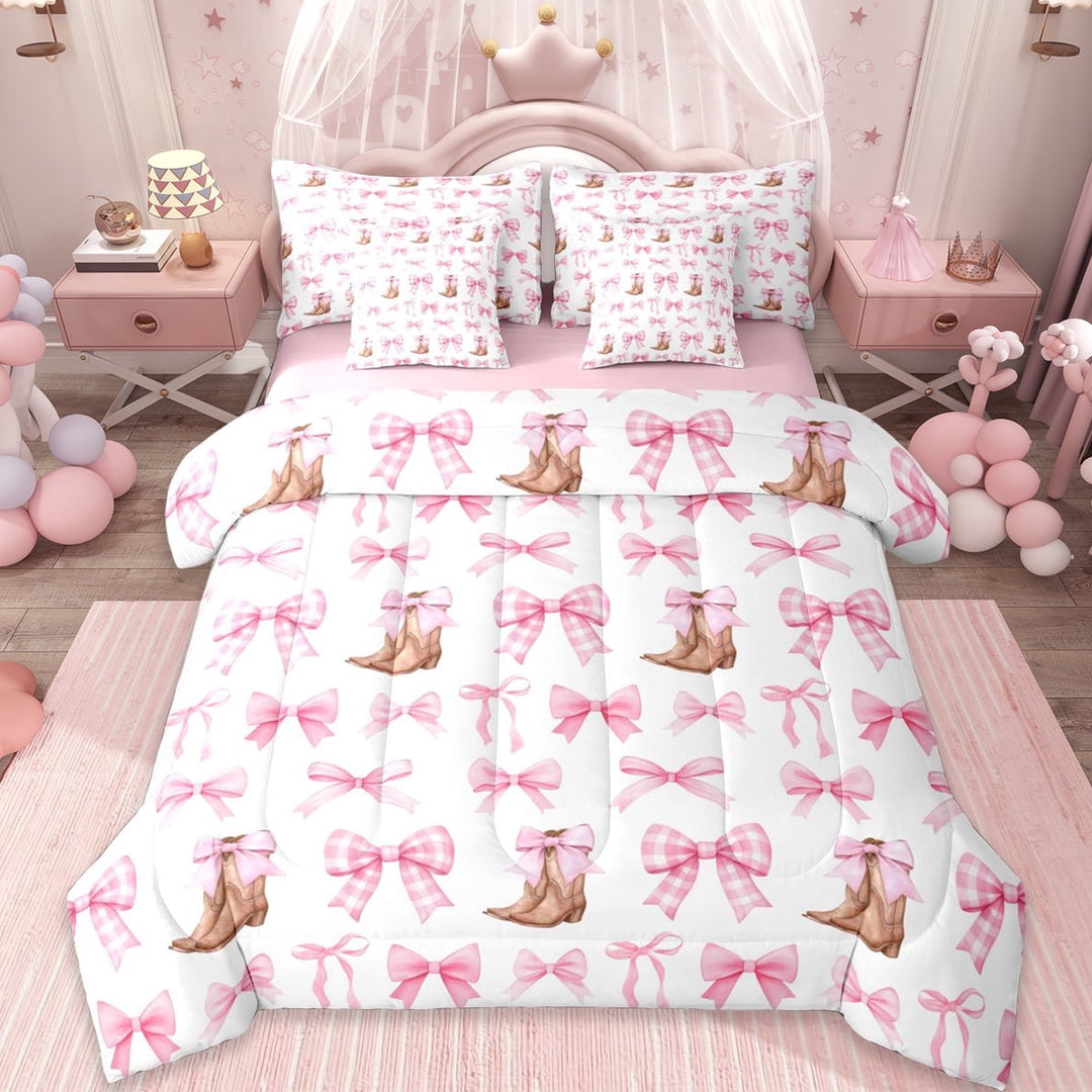 Erosebridal Western Cowgirl Boots 7-Piece Twin Bedding Sets,Pink Cute Bow Tie Bedding Comforter Set For Bowknot Lovers,Reversible