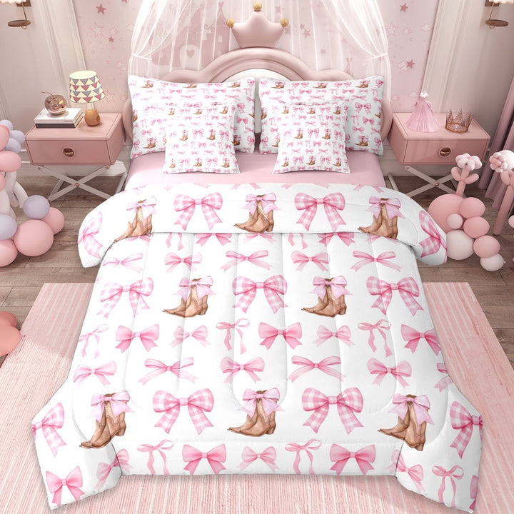 Erosebridal Western Cowgirl Boots 7-Piece Twin Bedding Sets,Pink Cute Bow Tie Bedding Comforter Set For Bowknot Lovers,Reversible