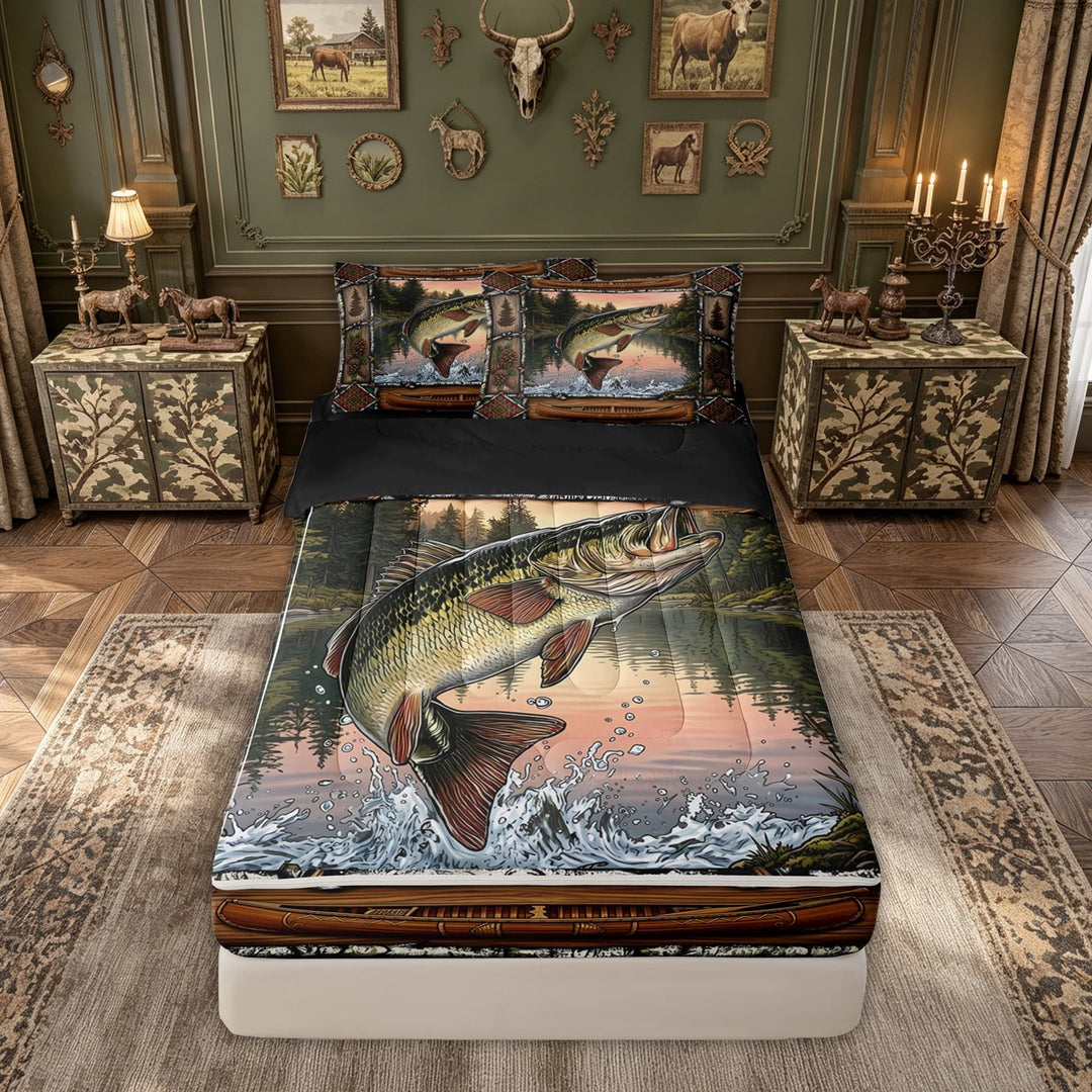 meiyoeat Rustic Wood Cabin Bass Fish Zipper Comforter Set with Fitted Sheet and 2 Pillowcases for Men, Canoe Lake Pine Nature Wildlife Zipper Bedding Set, Green Brown, Black Reversible, 3pcs