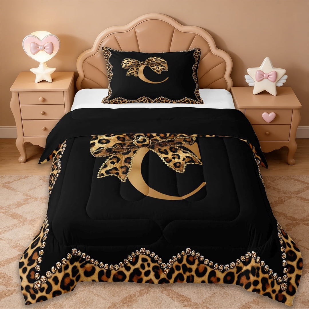 Erosebridal Cheetah Print Bowtie Twin Comforter Sets For Women Girls,Letter C Monogrammed Bedding Set For Kids,Reversible black,2-Piece