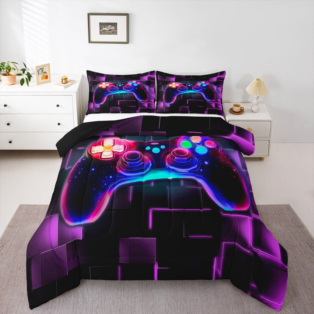 Gamer Comforter Set Twin,Gaming Bedding,Video Games Controller Gamepad Bedding Comforter Sets Neon Glowing Square Geometric Grid Purple Bedroom Decor Duvet Insert