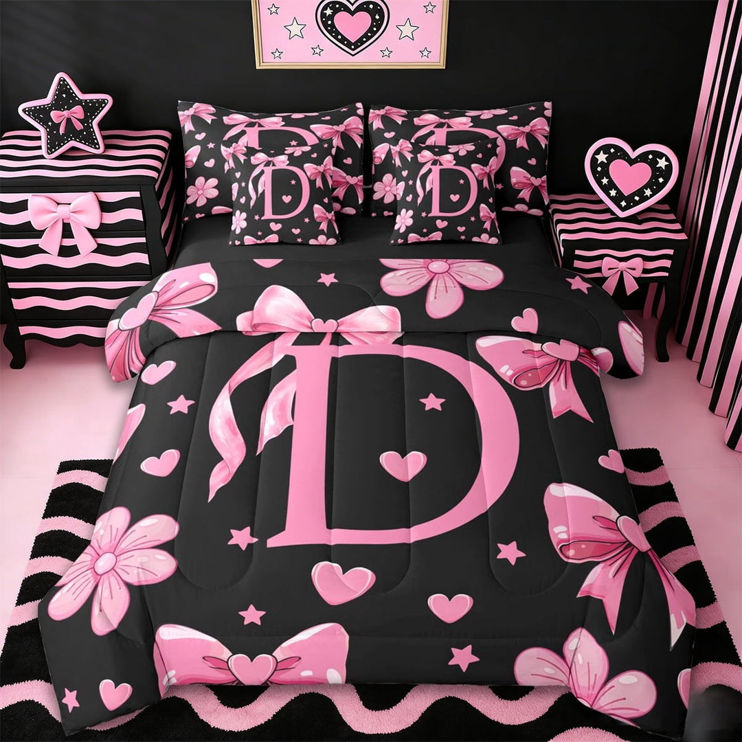 Erosebridal Pink Bows Girls 7-Piece Twin Bedding Sets,Letter D Monogrammed Bedding Comforter Set For Girls Kids,Reversible black