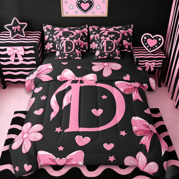 Erosebridal Pink Bows Girls 7-Piece Twin Bedding Sets,Letter D Monogrammed Bedding Comforter Set For Girls Kids,Reversible black