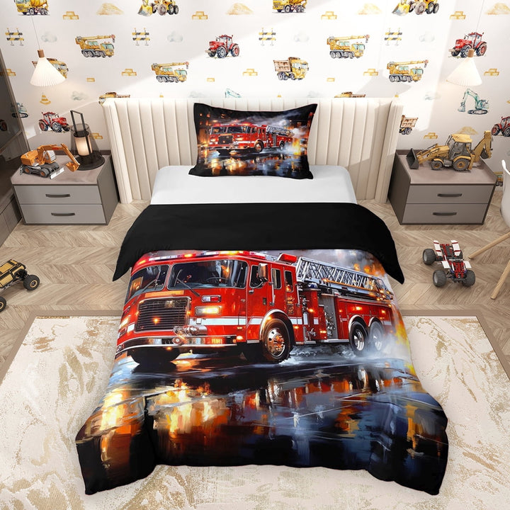 Erosebridal Boys Fire Engine Twin Bedding, Truck Car Duvet Cover Set, Black Red, Black Reversible, 1 Duvet Cover and 1 Pillowcase (No Comforter)