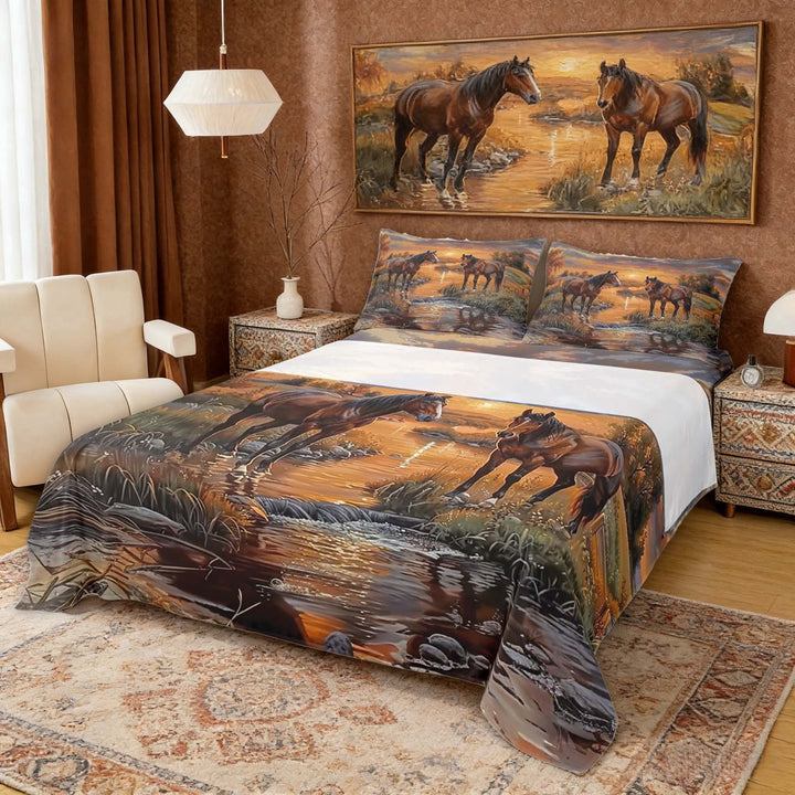 Erosebridal Brown Horse Full Size Sheets, Rustic Farmhouse Bed Sheets, 4pcs (1 Flat Sheet, 1 Fitted Sheet and 2 Pillowcases)