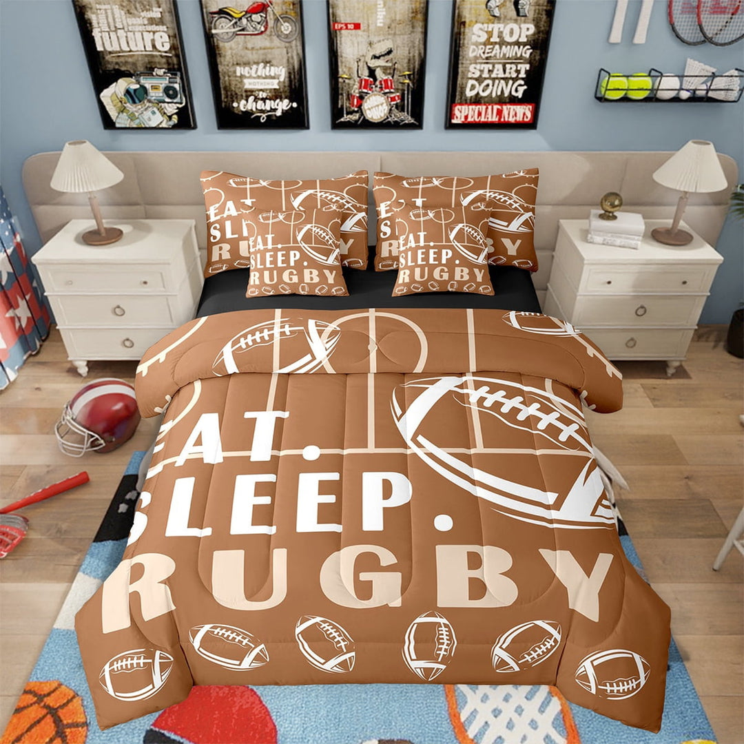 Rugby Twin Twin Comforter Set with Sheets Sport Game Ball Theme Bed in a Bag Football Room Decor Bed Set Rugby Sports Bedding Sets Teen Sports Sheets 7 Pcs Brown