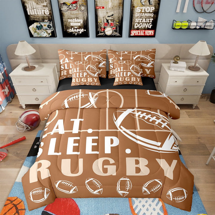 Rugby Twin Twin Comforter Set with Sheets Sport Game Ball Theme Bed in a Bag Football Room Decor Bed Set Rugby Sports Bedding Sets Teen Sports Sheets 7 Pcs Brown