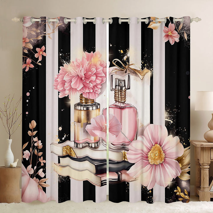 Pink Floral Blackout Curtains Modern Fashion Girly Curtains Romantic Makeup Themed Bedroom Curtains Black White Stripe Window Curtains Women Perfume Print Curtains,104Wx84L