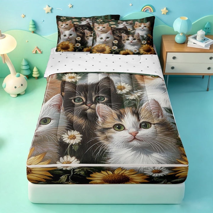 meiyoeat Cute Animal Cat Zipper Full Size Comforter Sets with Fitted Sheet and 2 Pillowcases,Retro Rustic Floral Sunflowers Zipper Bedding Set For Girls,Reversible,4 Pieces