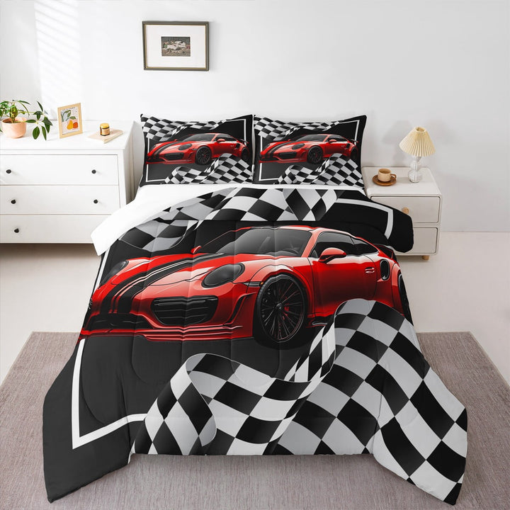 Red Race Car Comforter Set Twin Size,Black White Lattice Bedding Set Teens Room Decor,Extreme Sport Games Quilt Set,Cool Modern Duvet Insert