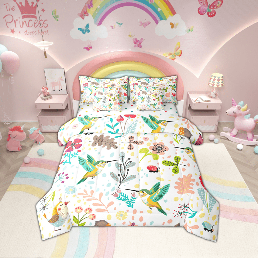 Erosebridal Hummingbird Twin Bed In A Bag 7 Piece Cute Floral Hummingbird Comforter Set With Sheets Cartoon Tropical Bird Animal Bedding Set Nature Leaves Flowers Bed Set