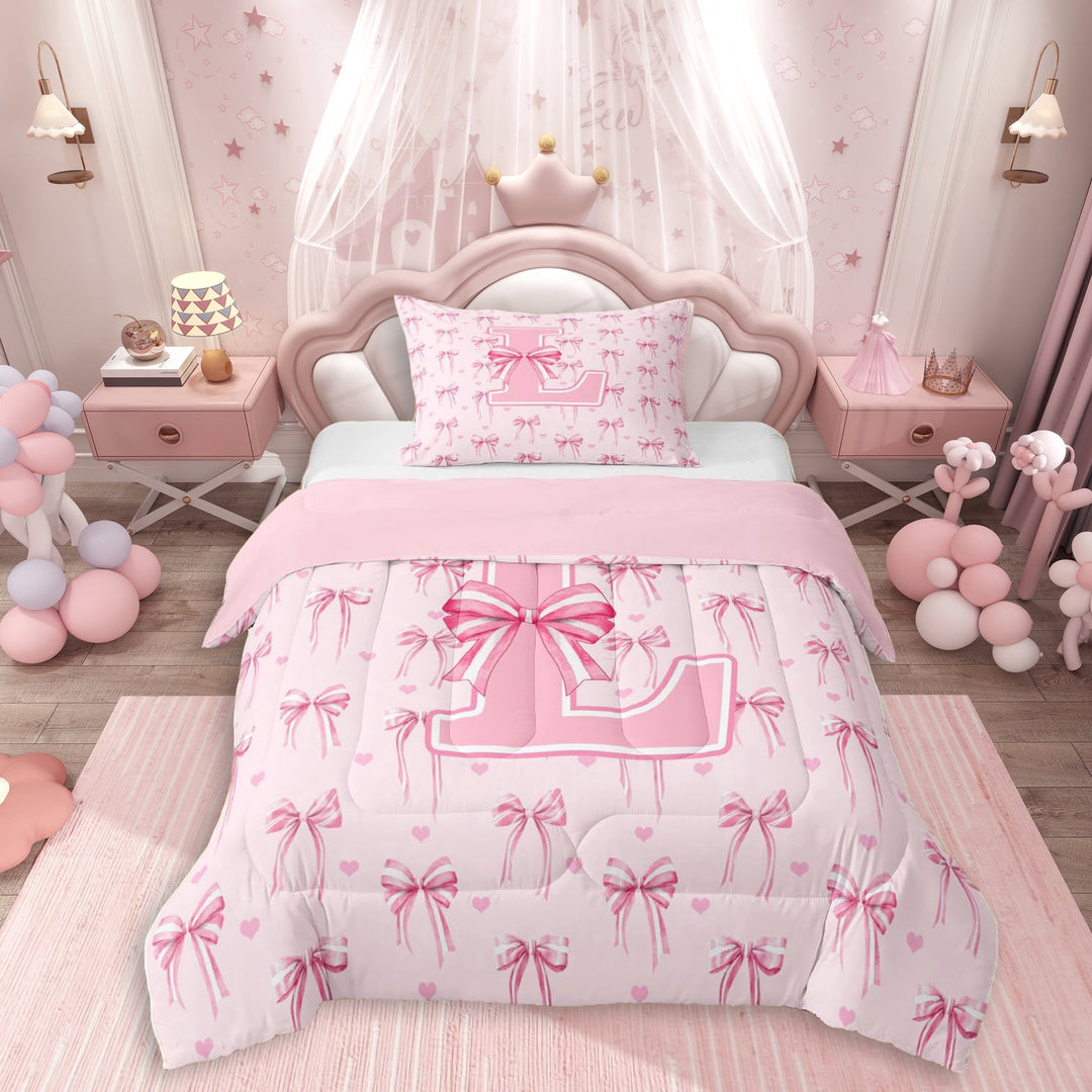 Erosebridal Pink L Personalized Initial Twin Comforter Sets 3-Piece For Girls Teens,Kawaii Ribbon Bow Knot Girl Bedding Set,Pink Reversible
