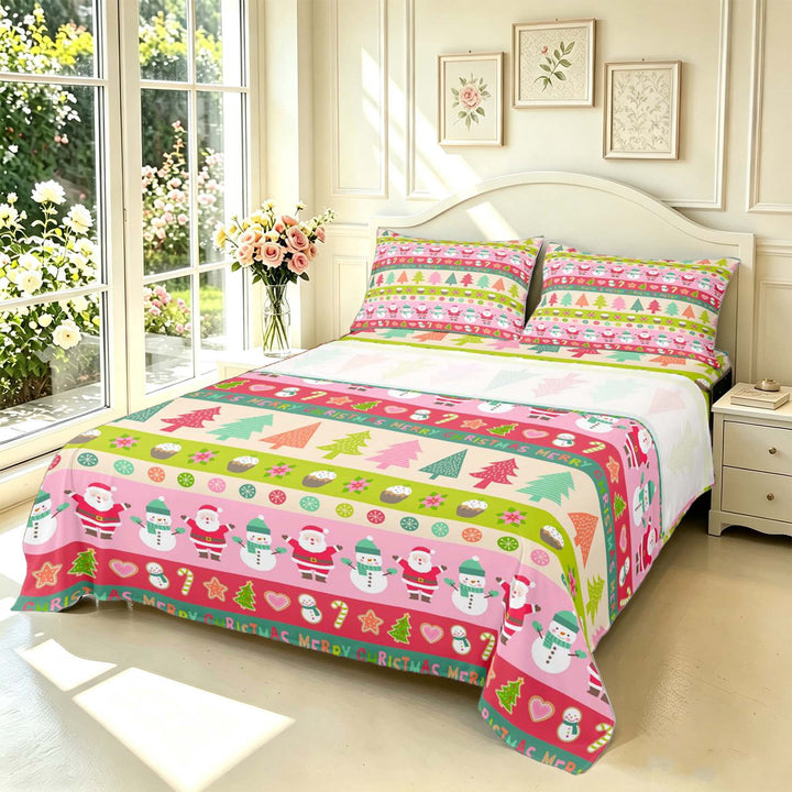 Manfei Colorful Christmas Patchwork King Sheets,Cute Santa Claus Bedding,Pink Green,4 Pieces,1 Flat Sheet,1 Fitted Sheet and 2 Pillowcases