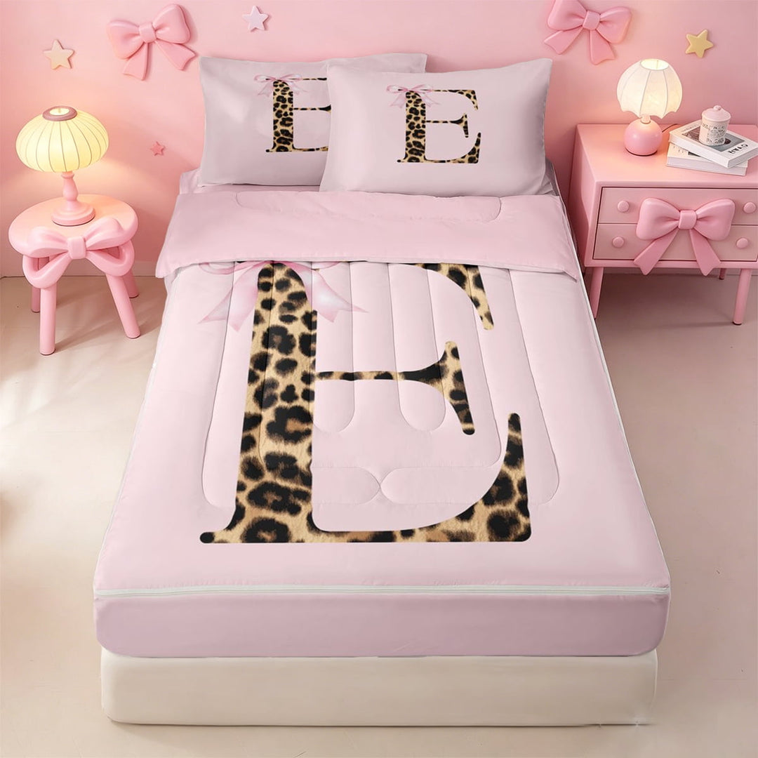 meiyoeat Cheetah Print Initial E Zipper Full Size Comforter Sets with Fitted Sheet and 2 Pillowcases,Girly Bow Monogram Art Zipper Bedding Set For Girl,Pink Reversible,4-Piece