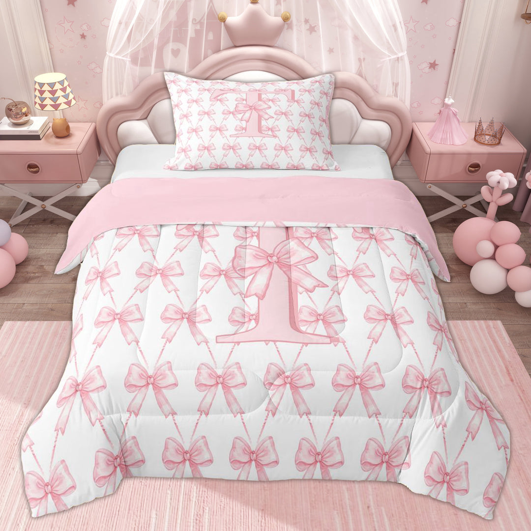 Erosebridal Princess Bowknot Girls Twin Comforter Sets, Initial T Letter Bedding Set, 2 Pieces