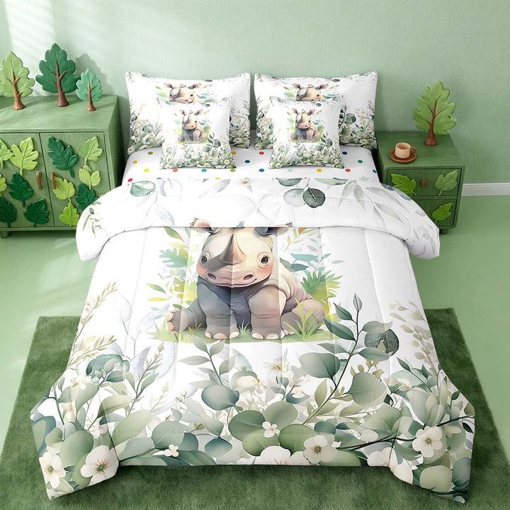 Kawaii Rhino Bedding Comforter Sets 7pcs Cartoon Animal Bed in a Bag, Eucalyptus Leaves Twin Bedding Sets Woodland Wildlife Comforter Set, Tropical Botanical Bedding Sets