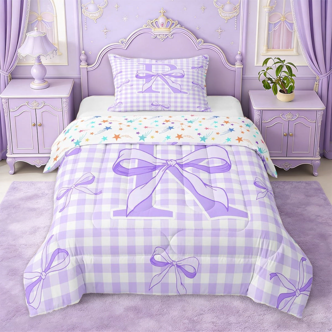 Erosebridal 3D Cartoon Bowknot Twin Comforter Sets For Kids,Initial Letter R Theme Bedding Set,Colorful Stars Reversible,2-Piece