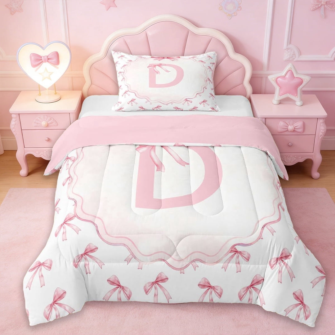 Erosebridal Girly Ribbon Bow-Tie Twin Comforter Sets,Pink Letter D Monogrammed Bedding Set For Girls Kids,Reversible pink,2-Piece