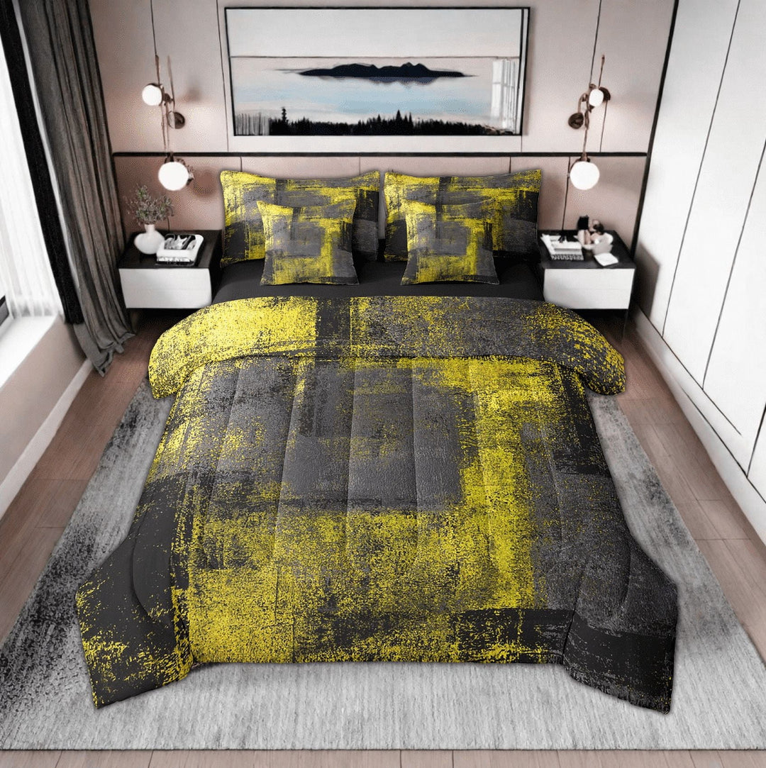 Ombre Abstract Twin Comforter Set 7 Piece Yellow Black Dark Grey Bed In A Bag Pillow Covers Grunge Hippie Graffiti Bedding Set Oil Painting Artwork Bed Set Reversible Black