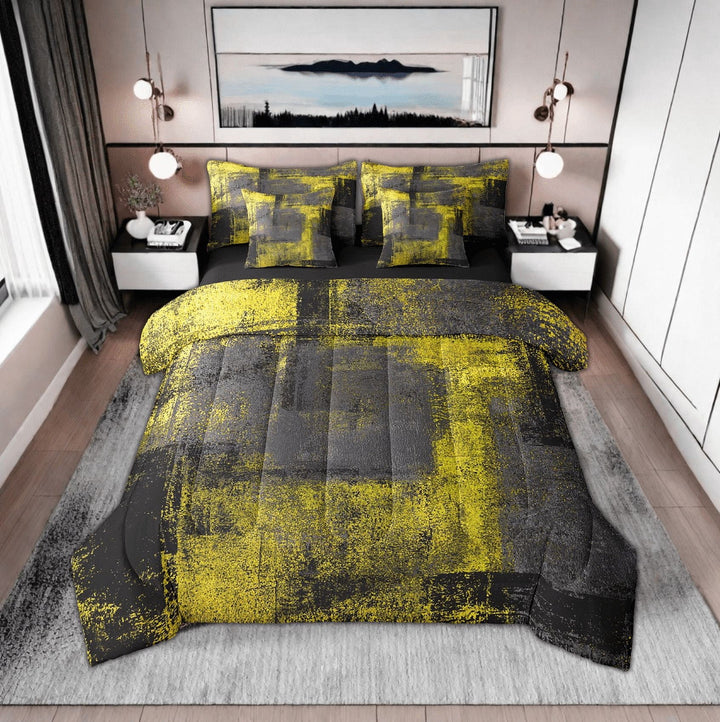 Ombre Abstract Twin Comforter Set 7 Piece Yellow Black Dark Grey Bed In A Bag Pillow Covers Grunge Hippie Graffiti Bedding Set Oil Painting Artwork Bed Set Reversible Black