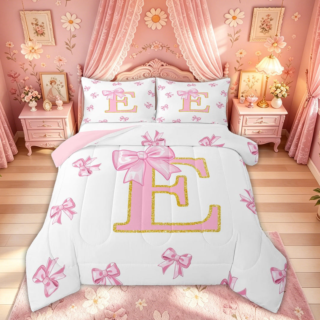 Meiyoeat Girly Bow Alphabet E Full Size Comforter Sets for Kids Girls, Fashion Letter Bedding Sets, Pink Golden, Pink Reversible, 3pcs